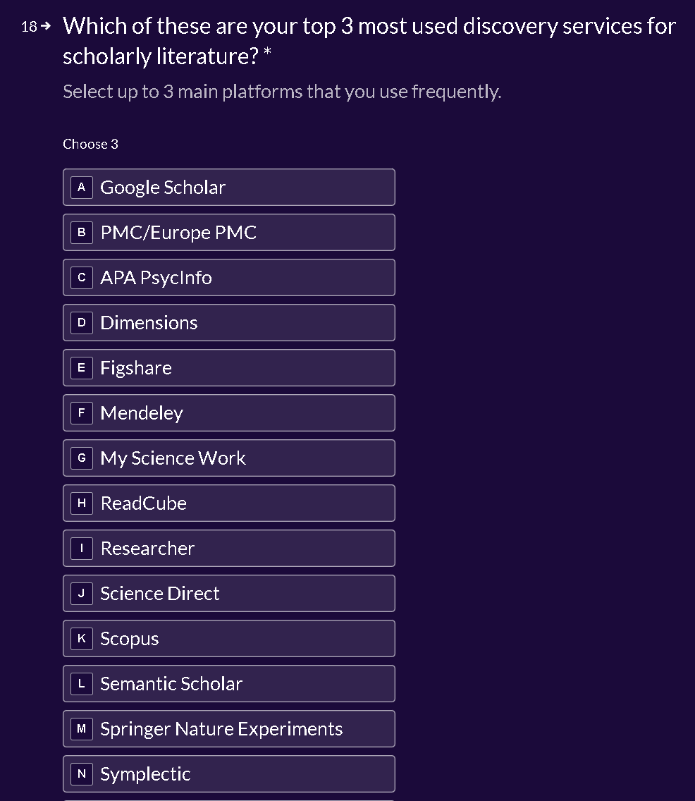 Survey question 18: Which are your top 3 most used discovery services for scholarly literature? List includes Google Scholar, Scopus, Mendeley.