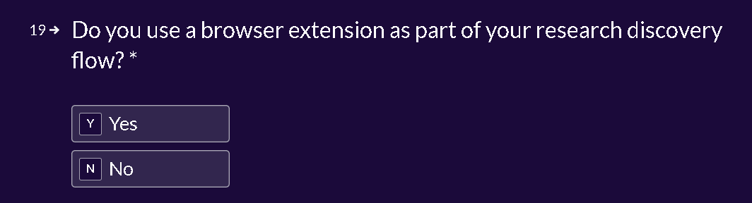 Survey question 19: Do you use a browser extension as part of your research discovery flow? Yes or No options.