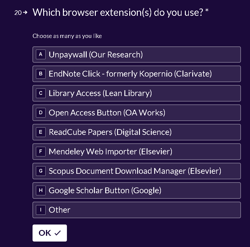 Survey question 20: Which browser extension(s) do you use? Options include Unpaywall, EndNote Click, Mendeley Web Importer, Other.