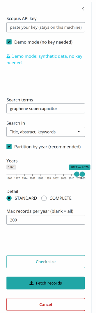 The scopusflow sidebar as the app opens, with a Scopus API key field, a Demo mode checkbox switched on, the search terms “graphene supercapacitor”, a Search in selector reading “Title, abstract, keywords”, a Partition by year checkbox, a year-range slider set to 2021 to 2026, a STANDARD or COMPLETE detail choice, a maximum records per year field, and the Check size, Fetch records and Cancel buttons.